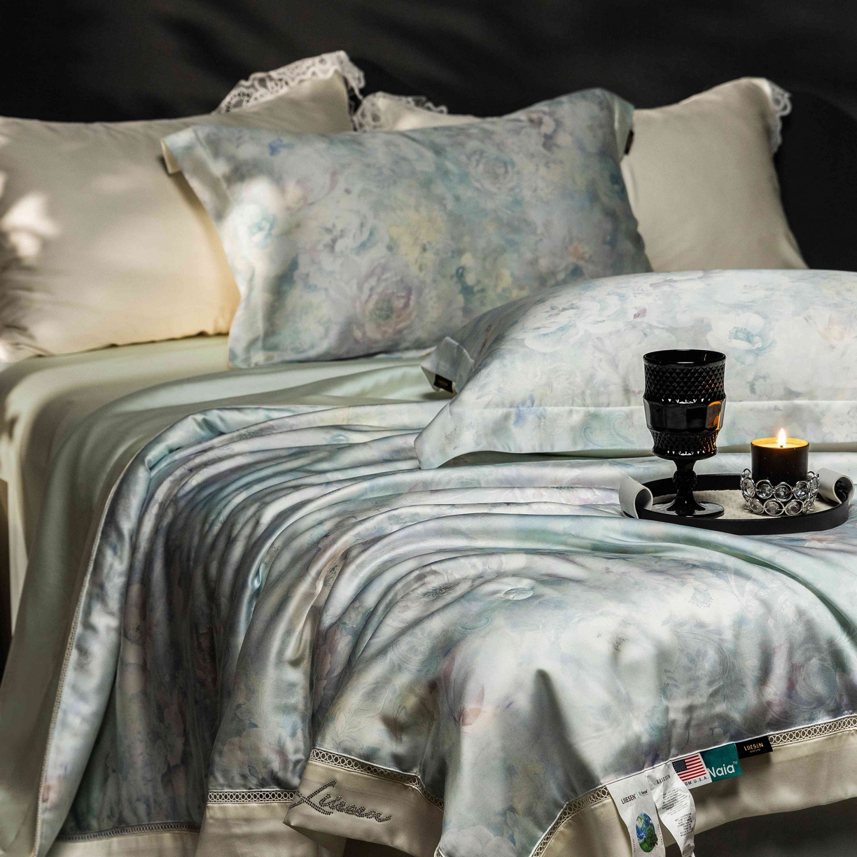 91家纺网 家纺一手货源 找家纺 丽笙被芯 2025新款A类兰精天丝印花naia镂空夏被夏凉被空调被 秘密花园-蓝