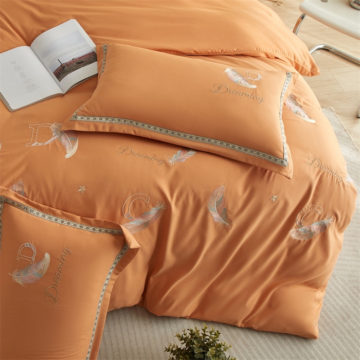 91家纺网 家纺一手货源 找家纺 佳宇轩 2025新款亲肤水洗棉刺绣四件套系列 蜜羽-橘黄