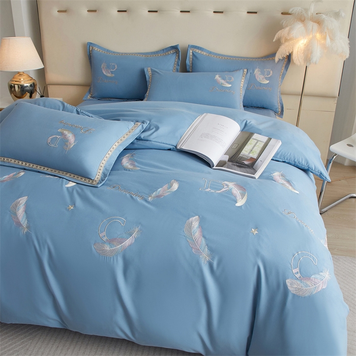 91家纺网 家纺一手货源 找家纺 佳宇轩 2025新款亲肤水洗棉刺绣四件套系列 蜜羽-湖蓝