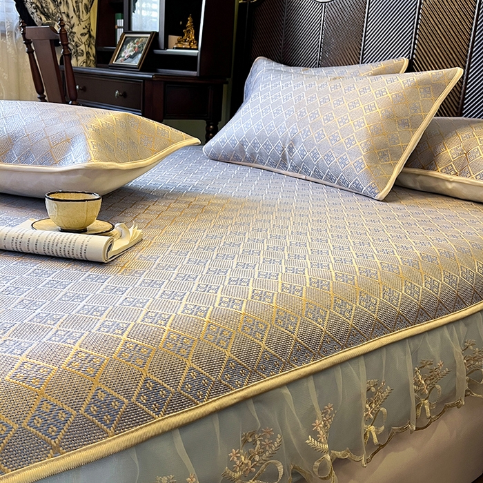 91家纺网 家纺一手货源 找家纺 麒豆豆 2025新款花边床笠款冰藤席-夏之语 烟色