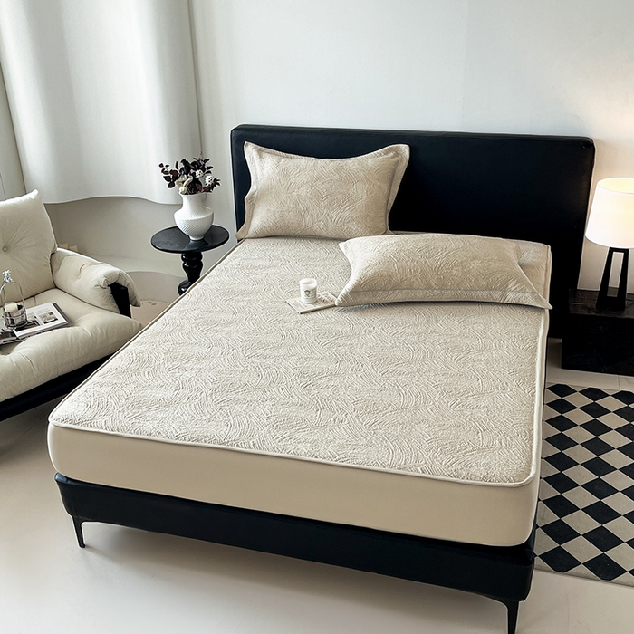 91家纺网 家纺一手货源 找家纺 蓝邻家纺 2025新款PE提花床笠凉席-涂鸦系列 涂鸦-香槟