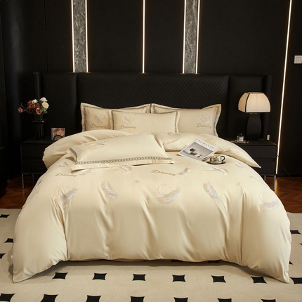 91家纺网 家纺一手货源 找家纺 佳宇轩 2025新款亲肤水洗棉刺绣四件套系列 蜜羽-米白