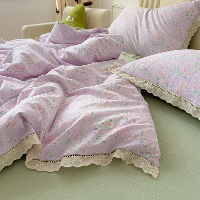 91家纺网 家纺一手货源 找家纺 竹合家纺 2025新款云感皱皱四件套-镂空花边款法式 花边款-春不晚