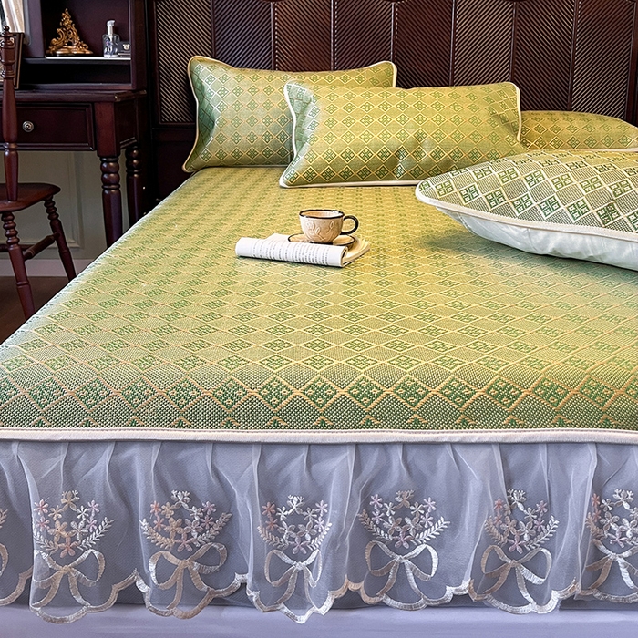 91家纺网 家纺一手货源 找家纺 麒豆豆 2025新款花边床笠款冰藤席-夏之语 葱绿