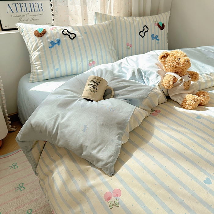 91家纺网 家纺一手货源 找家纺 澳梵家居 2025新款小清新全棉印花毛巾绣四件套 骨头小狗