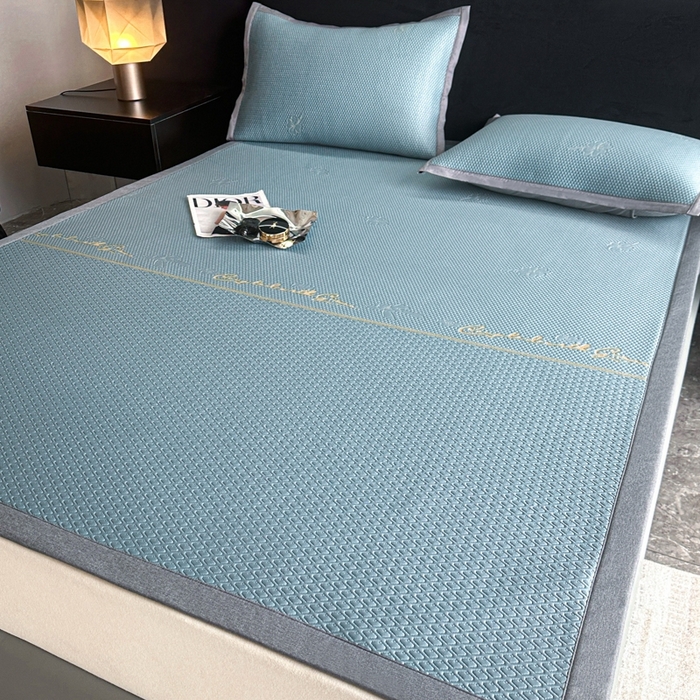 91家纺网 家纺一手货源 找家纺 欧邦 2025新款提花冰豆豆凉席三件套-幸运草 凉席款-幸运草-蓝