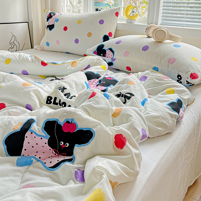 91家纺网 家纺一手货源 找家纺 玉海棠家纺 2025新款水洗皱皱纱印花夏被 被子被芯 波点小狗