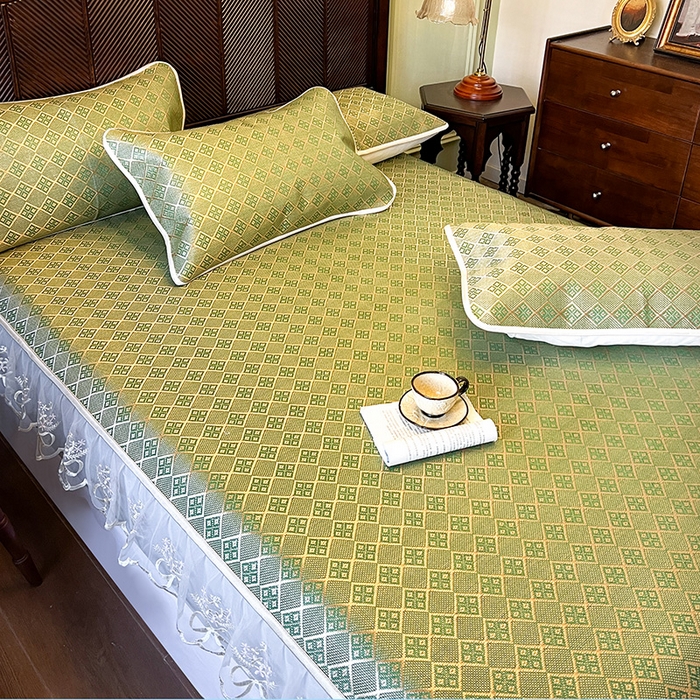 91家纺网 家纺一手货源 找家纺 麒豆豆 2025新款花边床笠款冰藤席-夏之语 葱绿