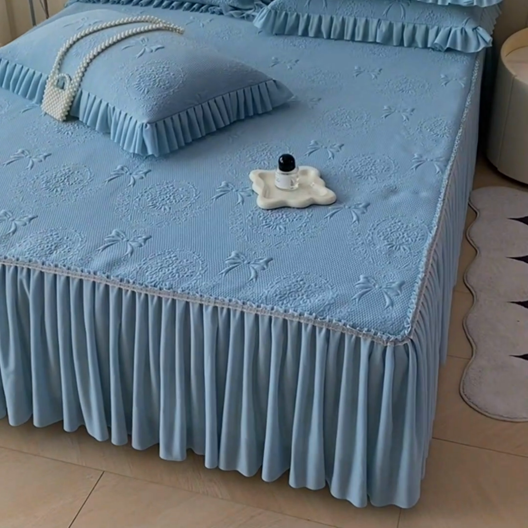 91家纺网 家纺一手货源 找家纺 2025新款复合三明治床裙款凉豆豆凉席三件套系列 约定-优雅蓝