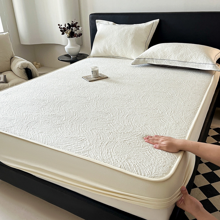 91家纺网 家纺一手货源 找家纺 蓝邻家纺 2025新款PE提花床笠凉席-涂鸦系列 涂鸦-米白