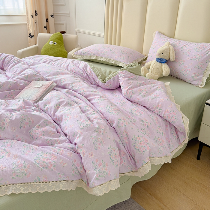 91家纺网 家纺一手货源 找家纺 竹合家纺 2025新款云感皱皱四件套-镂空花边款法式 花边款-春不晚