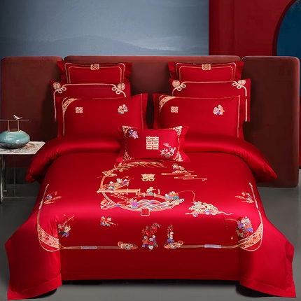 蒂爵 2025新款婚庆新疆长绒棉绣花340系列四件套多件套 百子闹喜