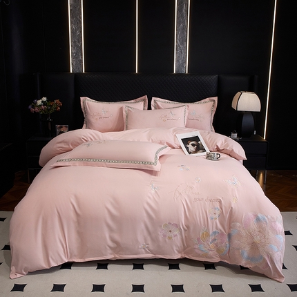 91家纺网 家纺一手货源 找家纺 佳宇轩 2025新款亲肤水洗棉刺绣四件套系列 牡丹-粉玉