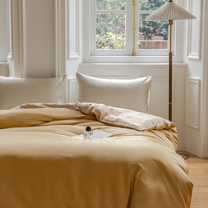 91家纺网 家纺一手货源 找家纺 咏绒家纺工厂店 2025新款60支奥地利兰精天丝单品系列--单被套 芝士黄-沙茶色