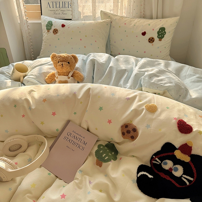 91家纺网 家纺一手货源 找家纺 澳梵家居 2025新款小清新全棉印花毛巾绣四件套 小黑猫