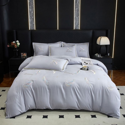 91家纺网 家纺一手货源 找家纺 佳宇轩 2025新款亲肤水洗棉刺绣四件套系列 蜜羽-浅灰