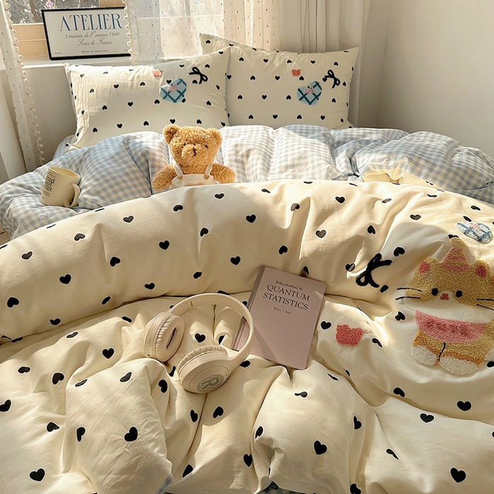 91家纺网 家纺一手货源 找家纺 澳梵家居 2025新款小清新全棉印花毛巾绣四件套 奶油小猫