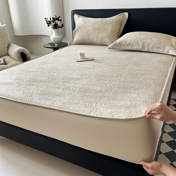 91家纺网 家纺一手货源 找家纺 蓝邻家纺 2025新款PE提花床笠凉席-涂鸦系列 涂鸦-香槟