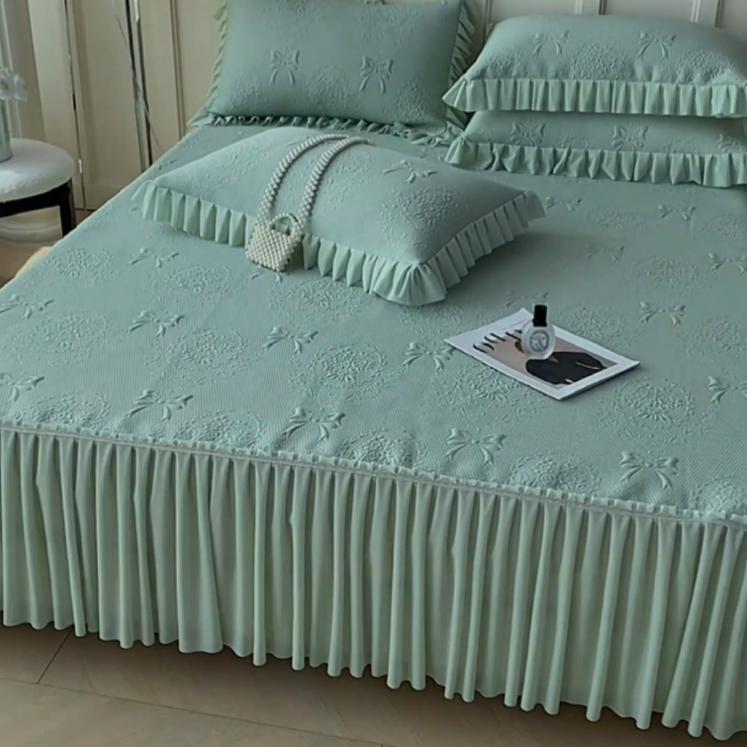 91家纺网 家纺一手货源 找家纺 2025新款复合三明治床裙款凉豆豆凉席三件套系列 约定-清香绿