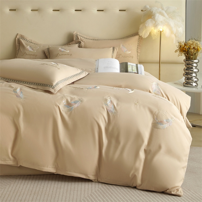 91家纺网 家纺一手货源 找家纺 佳宇轩 2025新款亲肤水洗棉刺绣四件套系列 蜜羽-浅咖