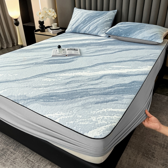 91家纺网 家纺一手货源 找家纺 （总）野马寝具跨境电商专供 2025新款潮汐床笠-山水蓝