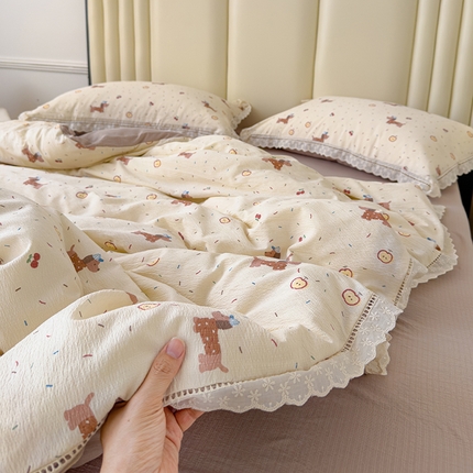 竹合家纺 2025新款云感皱皱四件套-镂空花边款法式 花边款-柯基小苹果