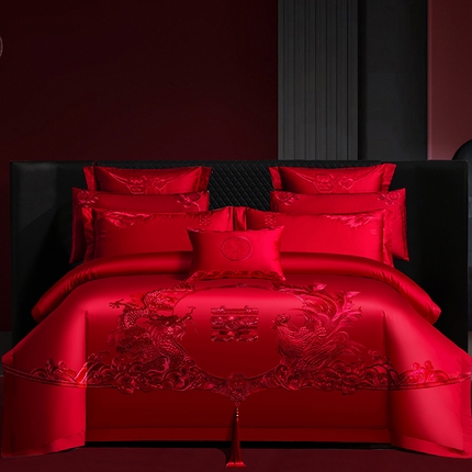 91家纺网 家纺一手货源 找家纺 蒂爵 2025新款婚庆新疆长绒棉绣花340系列四件套多件套 龙凤和美红