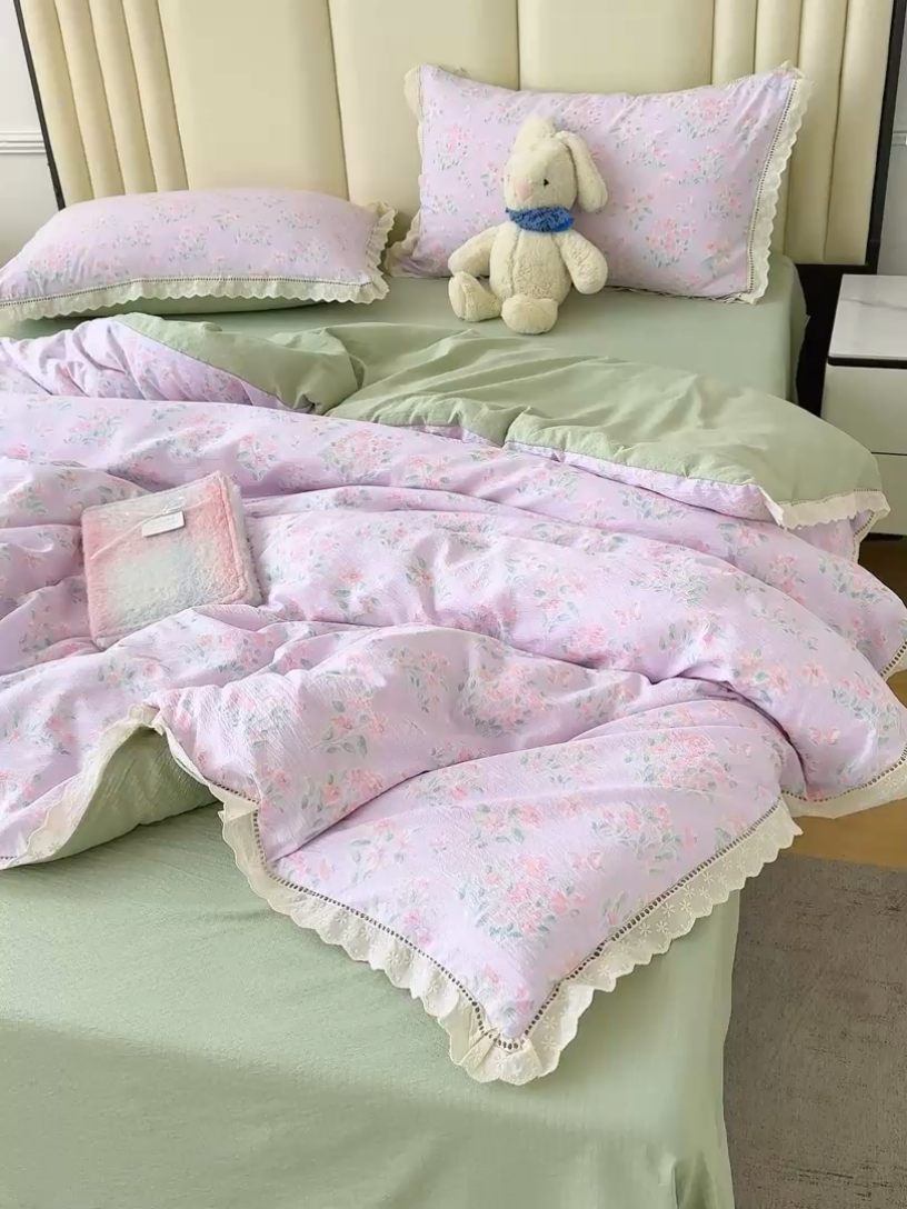 91家纺网 家纺一手货源 找家纺 竹合家纺 2025新款云感皱皱四件套-镂空花边款法式 花边款-春不晚