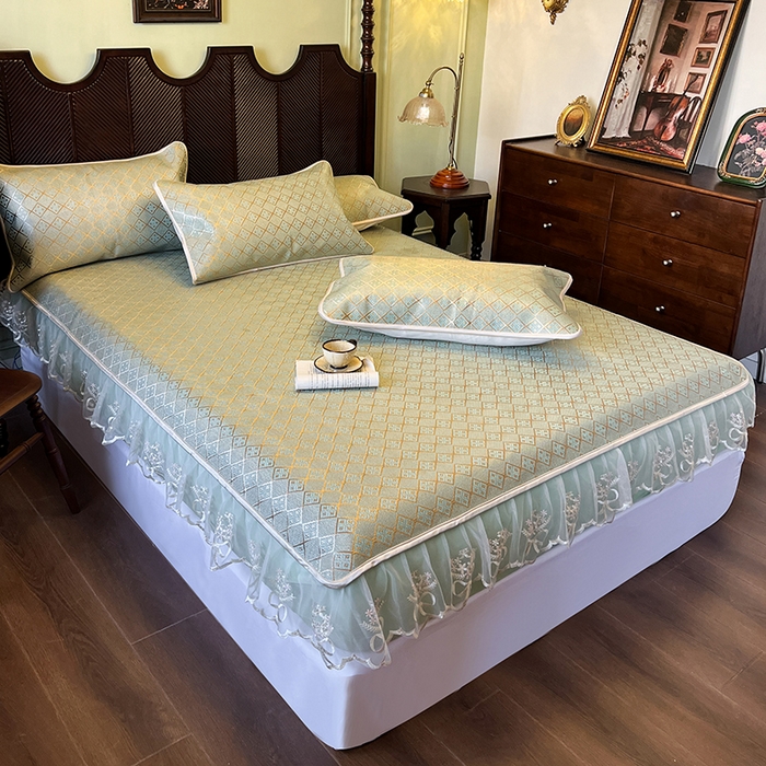 91家纺网 家纺一手货源 找家纺 麒豆豆 2025新款花边床笠款冰藤席-夏之语 豆青