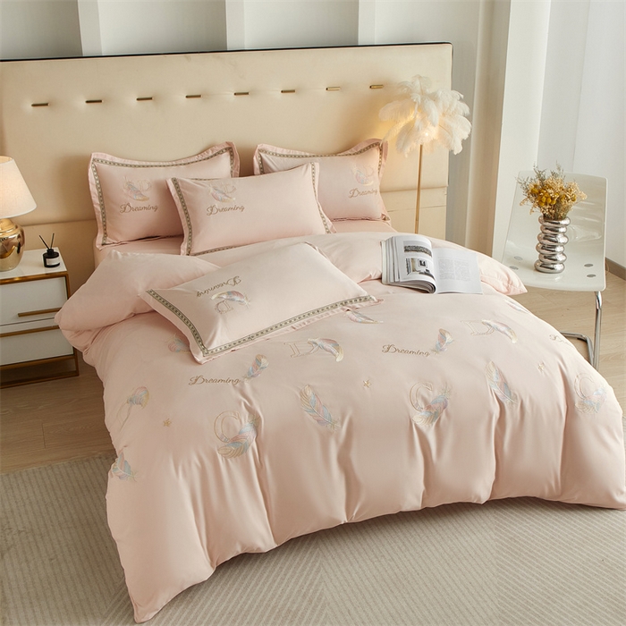 91家纺网 家纺一手货源 找家纺 佳宇轩 2025新款亲肤水洗棉刺绣四件套系列 蜜羽-嫩粉