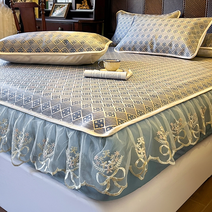 91家纺网 家纺一手货源 找家纺 麒豆豆 2025新款花边床笠款冰藤席-夏之语 花青