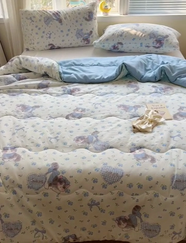 91家纺网 家纺一手货源 找家纺 玉海棠家纺 2025新款水洗皱皱纱印花夏被 被子被芯 豆奶泡泡猫