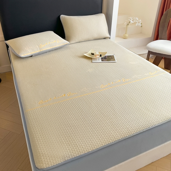 91家纺网 家纺一手货源 找家纺 欧邦 2025新款提花冰豆豆凉席三件套-幸运草 床笠款-幸运草-米