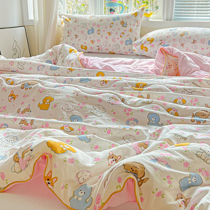 91家纺网 家纺一手货源 找家纺 玉海棠家纺 2025新款水洗皱皱纱印花夏被 被子被芯 灰蒙小狗