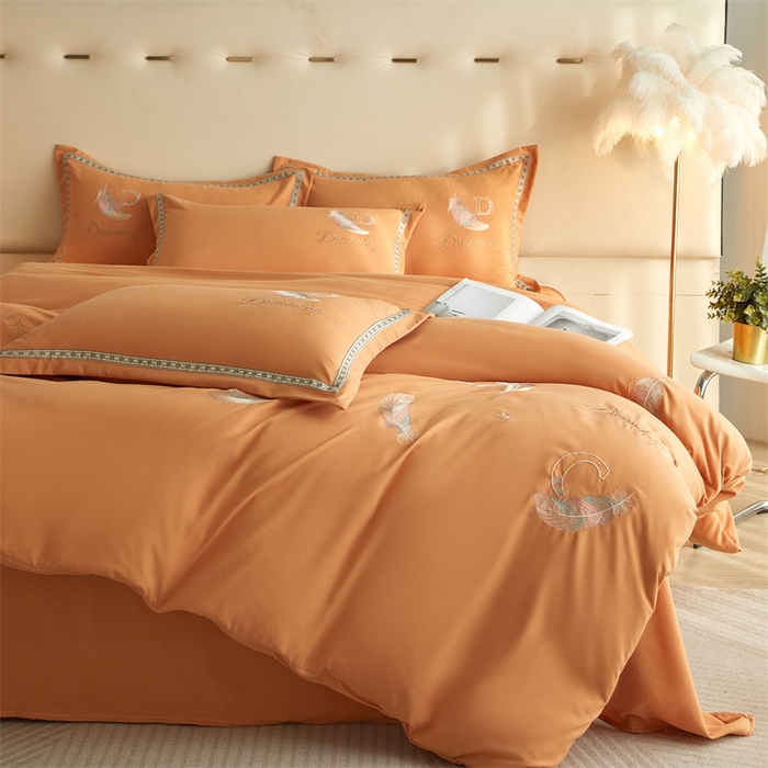 91家纺网 家纺一手货源 找家纺 佳宇轩 2025新款亲肤水洗棉刺绣四件套系列 蜜羽-橘黄