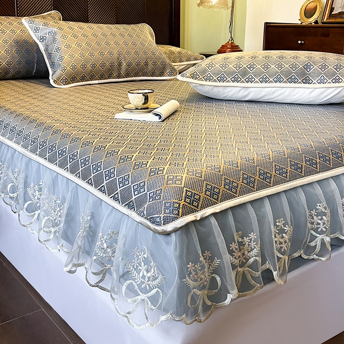 91家纺网 家纺一手货源 找家纺 麒豆豆 2025新款花边床笠款冰藤席-夏之语 花青