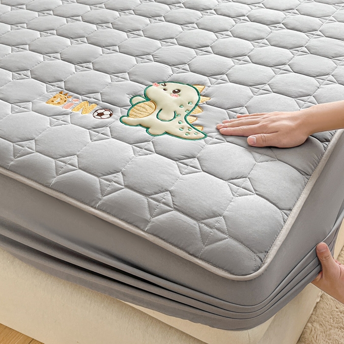 91家纺网 家纺一手货源 找家纺 万盛家纺 2025新款夹棉恐龙刺绣床笠 恐龙-方格 灰