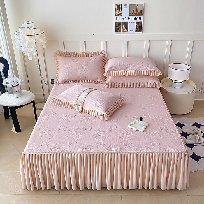 91家纺网 家纺一手货源 找家纺 2025新款复合三明治床裙款凉豆豆凉席三件套系列 约定-豆沙粉