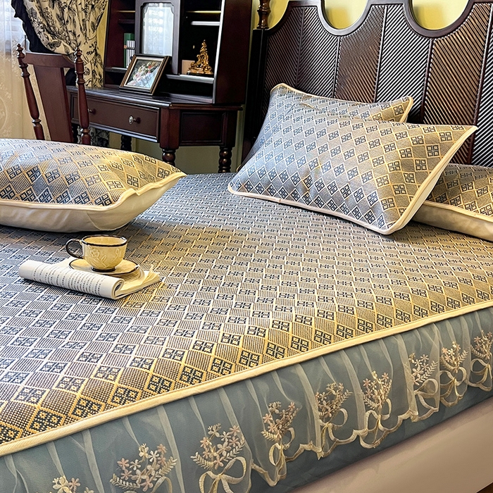 91家纺网 家纺一手货源 找家纺 麒豆豆 2025新款花边床笠款冰藤席-夏之语 花青