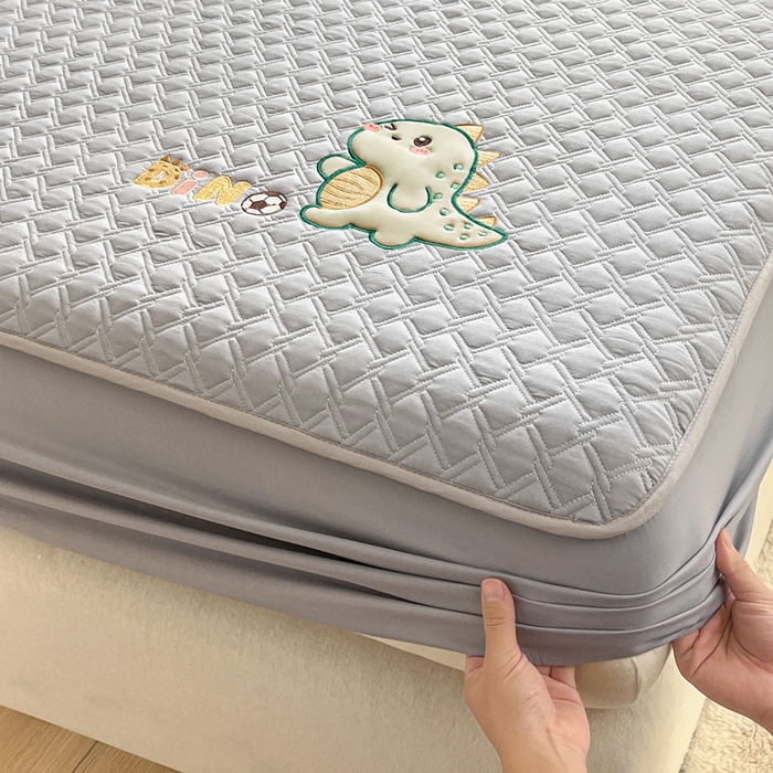 91家纺网 家纺一手货源 找家纺 万盛家纺 2025新款夹棉恐龙刺绣床笠 恐龙-菱形格 灰