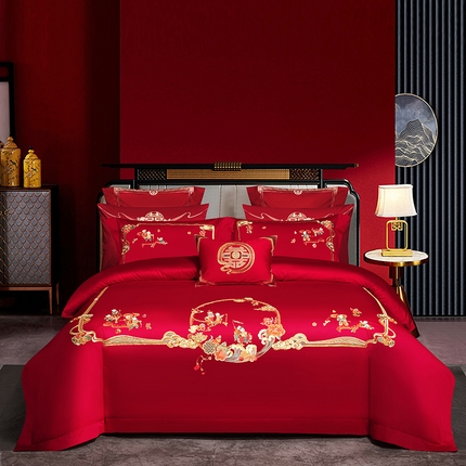 蒂爵 2025新款婚庆长绒棉时尚小红书爆款刺绣婚庆四件套多件套280系列 福禄相随