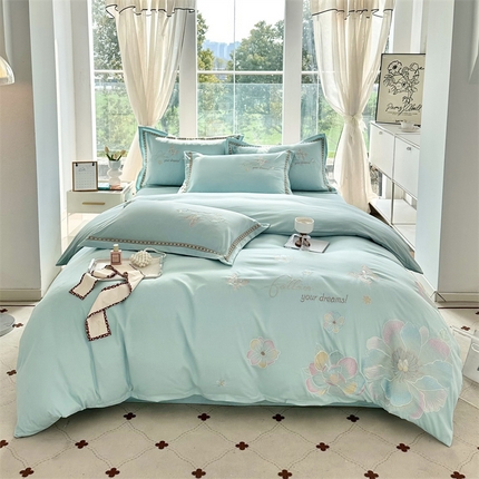 佳宇轩 2025新款亲肤水洗棉刺绣四件套系列 牡丹-水绿