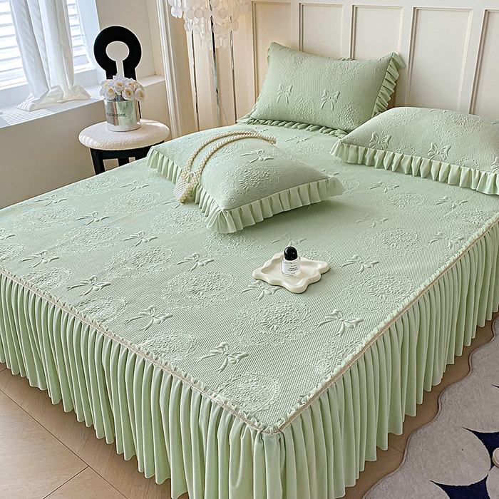 91家纺网 家纺一手货源 找家纺 2025新款复合三明治床裙款凉豆豆凉席三件套系列 约定-清香绿