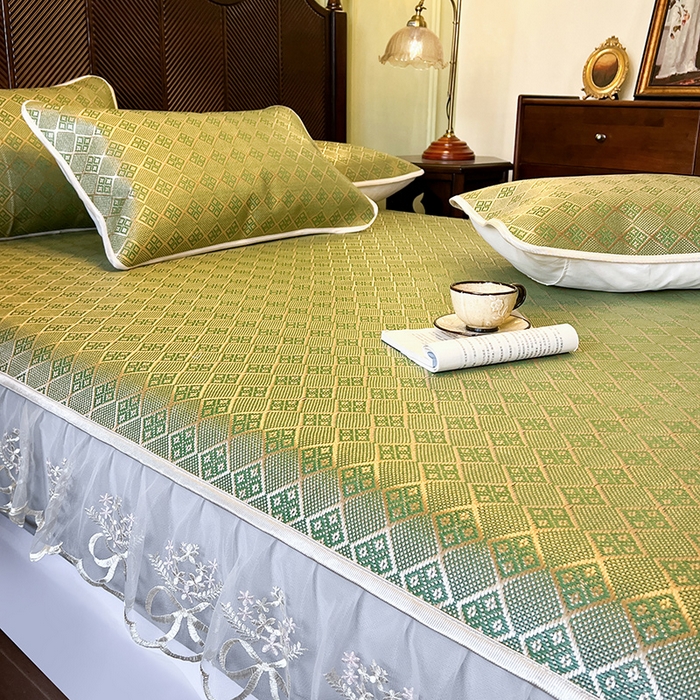 91家纺网 家纺一手货源 找家纺 麒豆豆 2025新款花边床笠款冰藤席-夏之语 葱绿