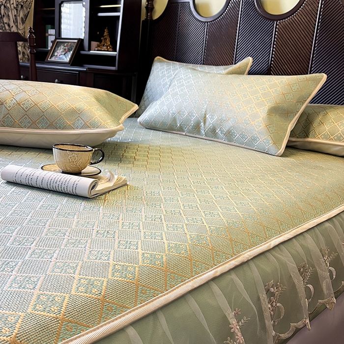 91家纺网 家纺一手货源 找家纺 麒豆豆 2025新款花边床笠款冰藤席-夏之语 豆青