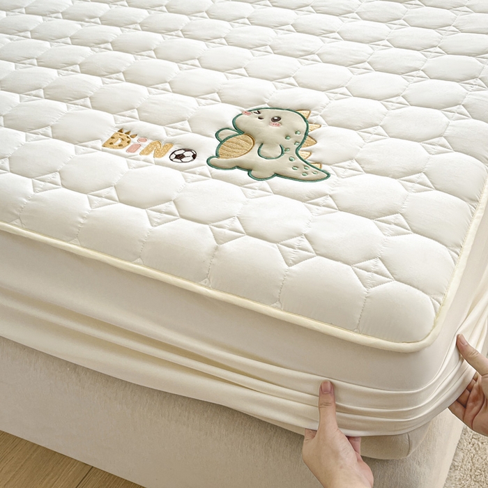 91家纺网 家纺一手货源 找家纺 万盛家纺 2025新款夹棉恐龙刺绣床笠 恐龙-方格  白