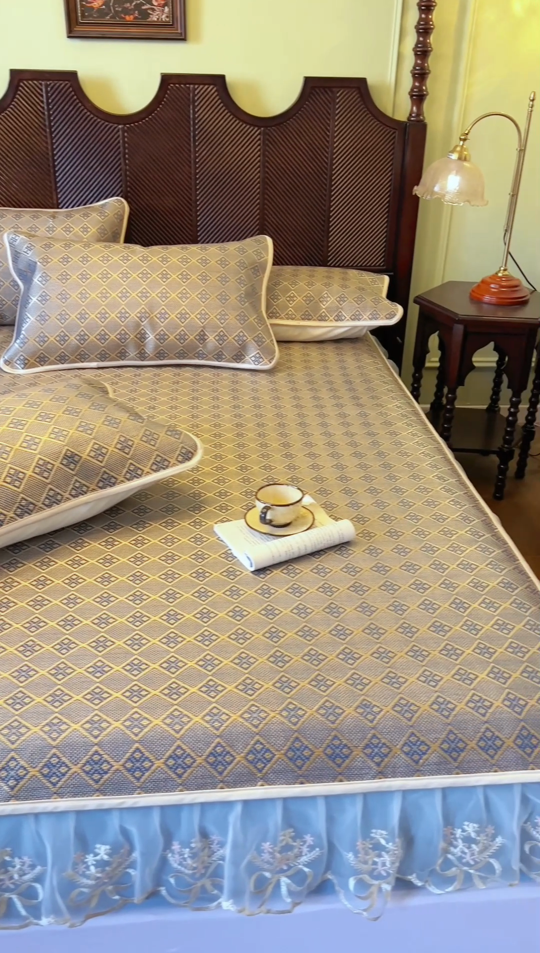 91家纺网 家纺一手货源 找家纺 麒豆豆 2025新款花边床笠款冰藤席-夏之语 花青