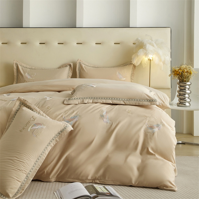 91家纺网 家纺一手货源 找家纺 佳宇轩 2025新款亲肤水洗棉刺绣四件套系列 蜜羽-浅咖