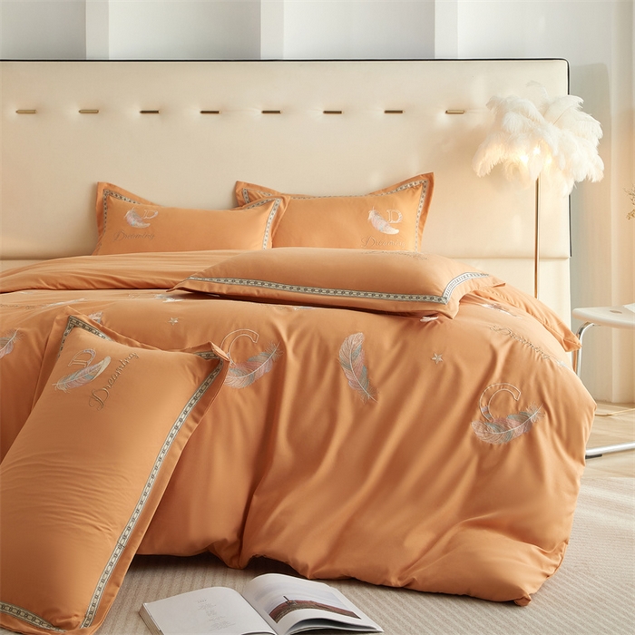 91家纺网 家纺一手货源 找家纺 佳宇轩 2025新款亲肤水洗棉刺绣四件套系列 蜜羽-橘黄