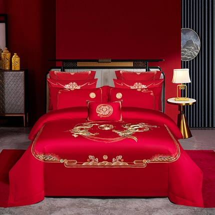 91家纺网 家纺一手货源 找家纺 蒂爵 2025新款婚庆新疆长绒棉绣花340系列四件套多件套 龙凤良缘